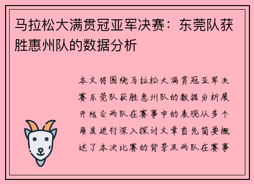 马拉松大满贯冠亚军决赛：东莞队获胜惠州队的数据分析